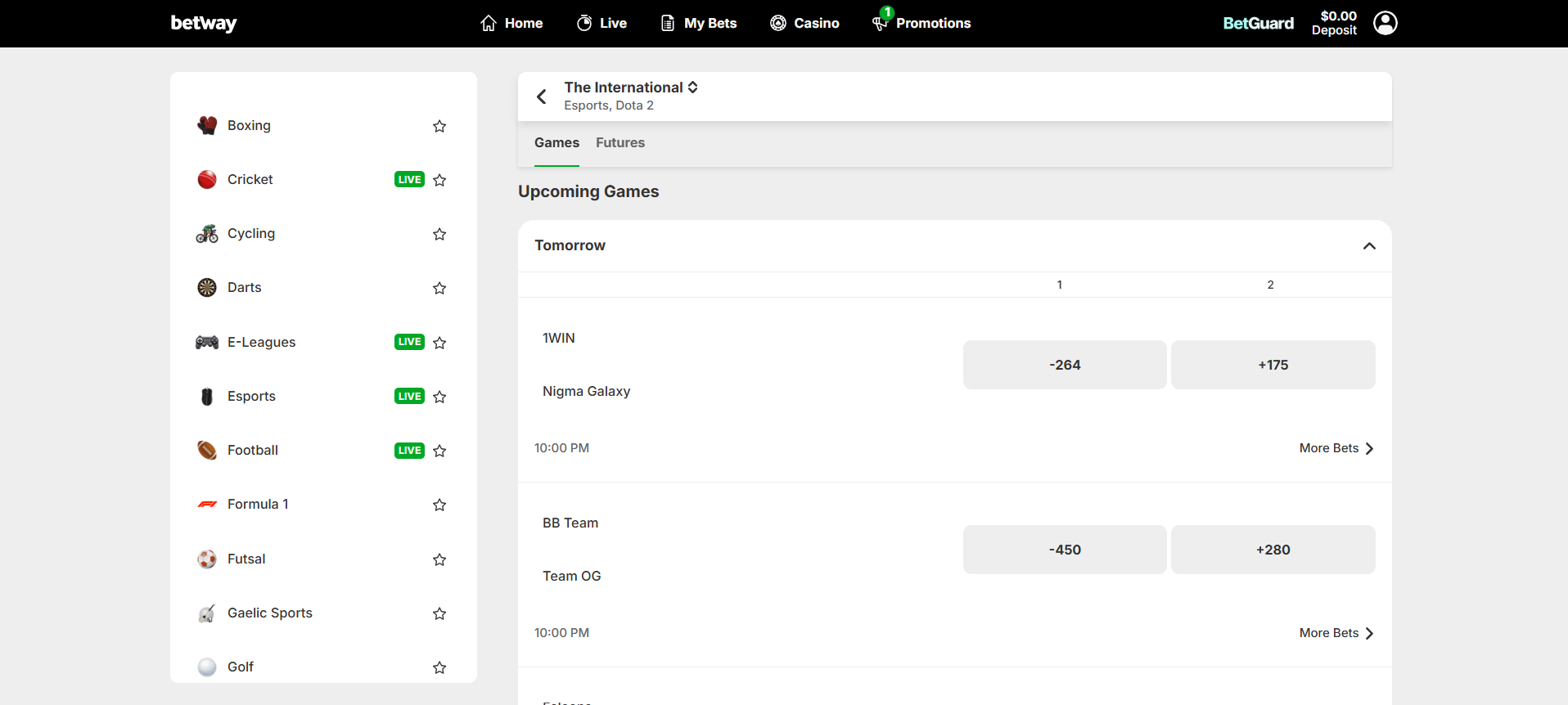 A desktop view screenshot of Betway's Dota 2 betting page.