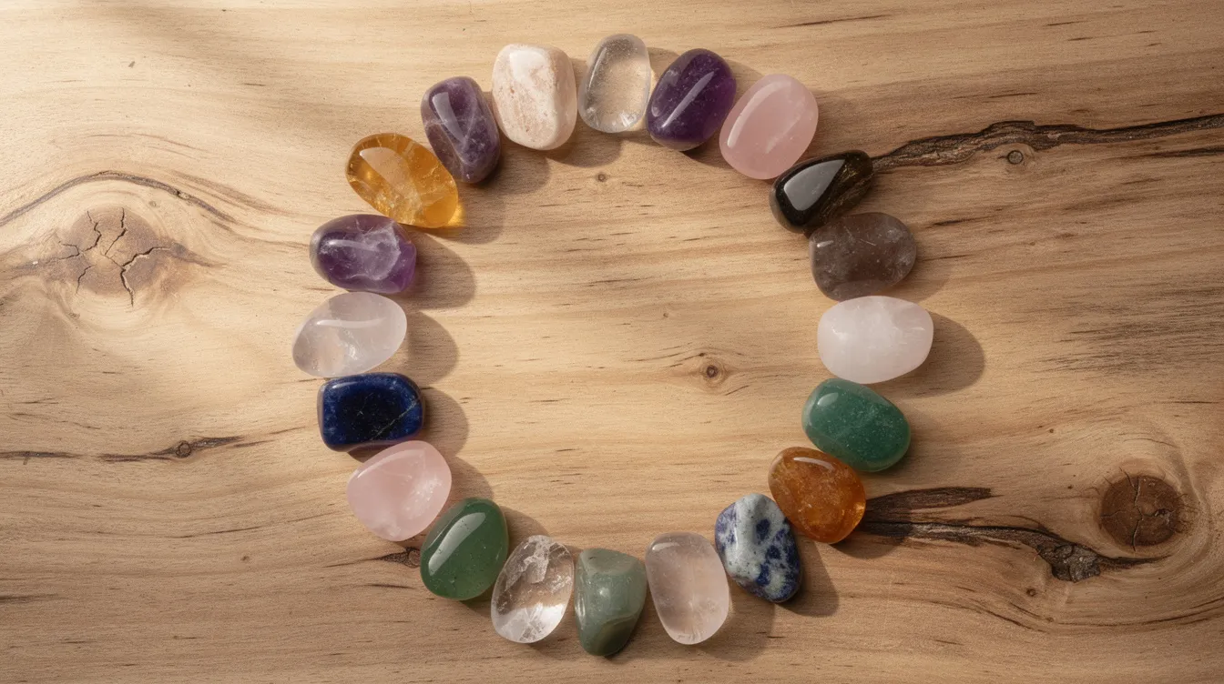A vibrant collection of tumbled crystals in various colors, including warm yellows, blues, and greens, is artistically arranged in a circle on a natural wood surface. These gemstones, representing different birthstones like amethyst for February and sapphire for September, exude a sense of classic beauty and connection to the earth, symbolizing qualities such as clarity and inspiration.