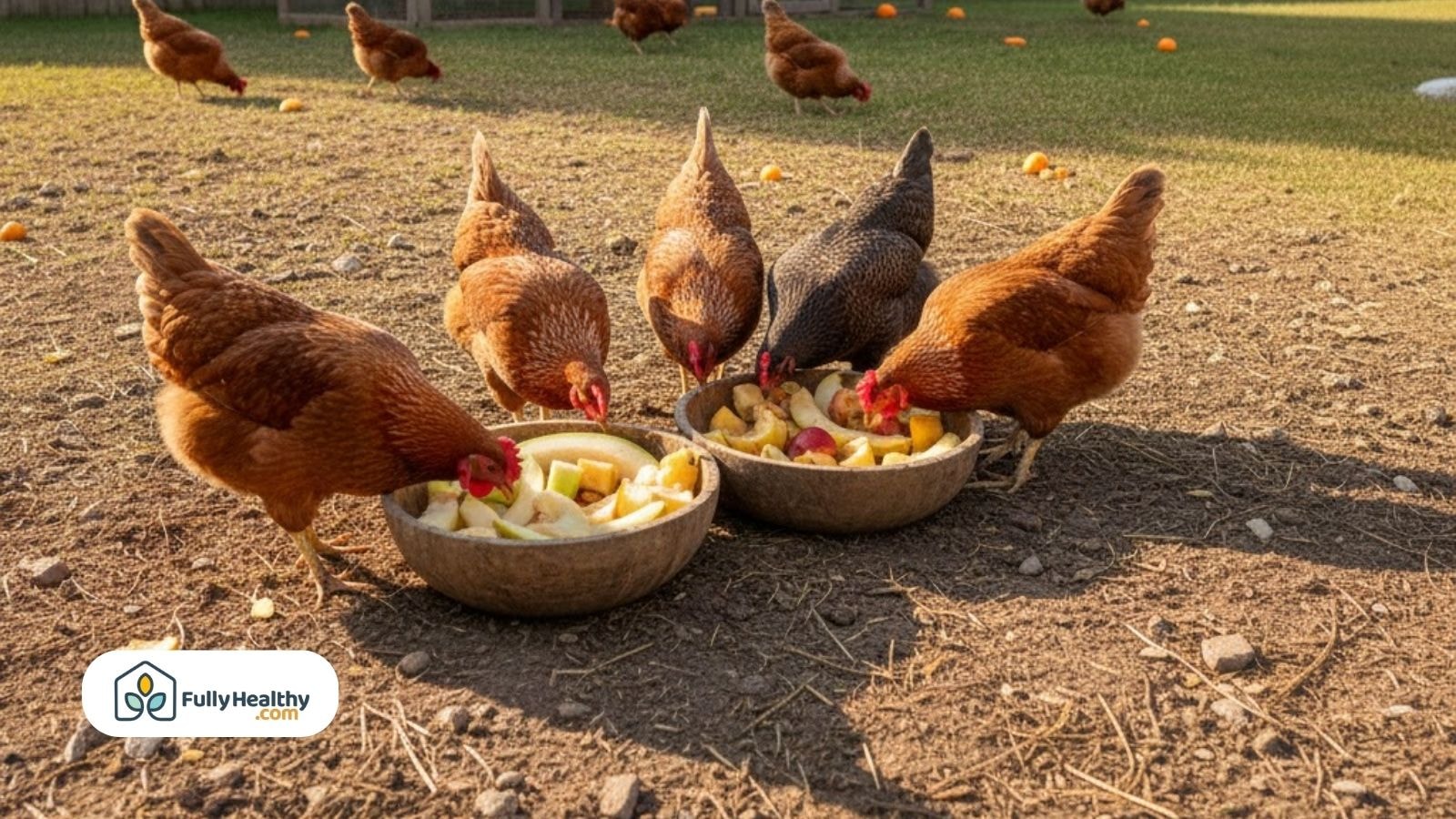 Group of chickens feeding on chopped fruits in large bowls