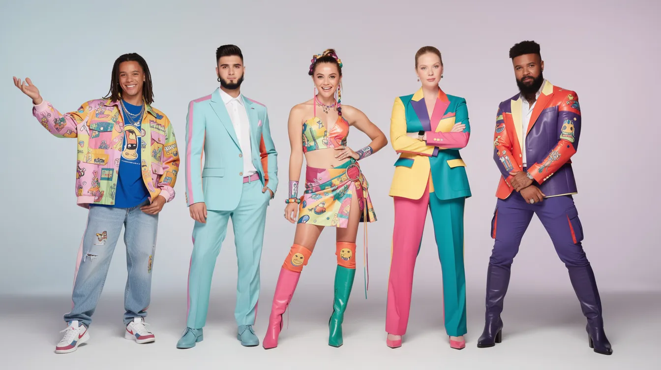 Fünf Personen in bunten Outfits stehen nebeneinander vor einem pastellfarbenen Hintergrund, jede mit einer einzigartigen Pose und Ausstrahlung, die an die Vielfalt der Charaktere in der Barbie-Welt erinnert. Diese Szene könnte aus einem Film von Greta Gerwig stammen, der sich mit Themen wie Geschlechterrollen und Feminismus auseinandersetzt.