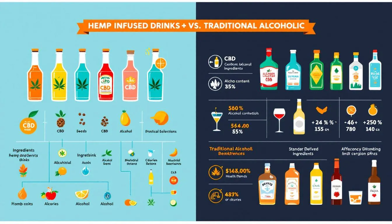 A side-by-side comparison of hemp infused drinks and traditional alcoholic beverages.