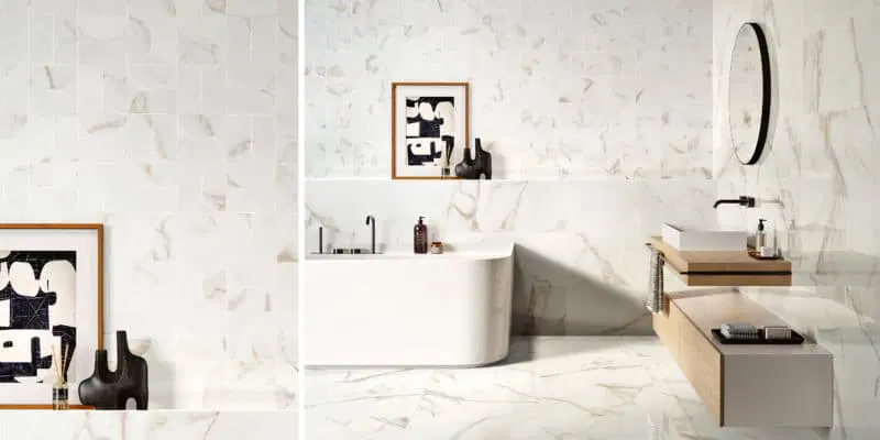 Precious Calacatta Gold Gloss Ceramic Tiles by Love and Margres Tiles. Marble effect porcelain tiles exhude luxury and style.