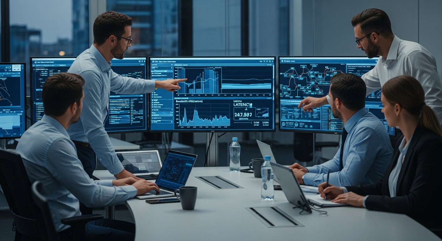 IT team conducting network readiness assessment with bandwidth and latency metrics displayed on large screens.
