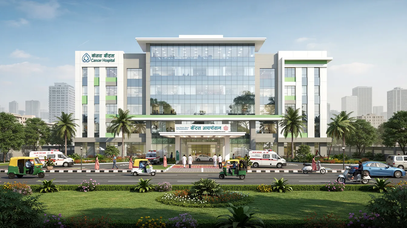 66260e16 cc3b 4aae bb2d 8769c0cb8143 The image depicts a modern cancer hospital building with a sleek glass facade and a beautifully landscaped entrance, situated in an Indian city. This state-of-the-art facility is designed to provide comprehensive cancer treatment, including advanced diagnostic imaging systems and surgical oncology services, ensuring easy access for cancer patients seeking high-quality healthcare.