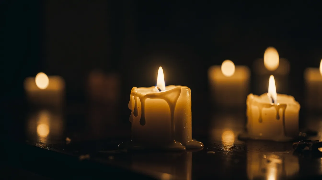 Een stiltebeeld van enkele brandende kaarsen in een donkere ruimte, die een serene en spirituele sfeer creëren. De zachte gloed van het kaarslicht roept een gevoel van rust en contemplatie op, wat aansluit bij alternatieve geneeswijzen en spirituele genezing.