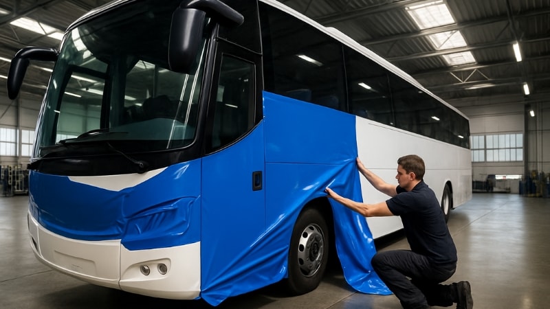 Bus vinyl wrap is being applied on the bus by a professional