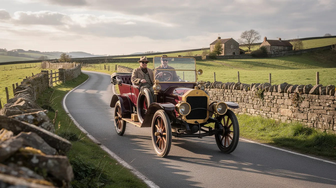 A vintage automobile from the early 1900s is seen driving along a scenic European country road, surrounded by lush greenery and traditional countryside landscapes. This image evokes a sense of nostalgia for the early days of motoring, highlighting the importance of having a valid driver's license and understanding local driver's licensing laws when traveling abroad.