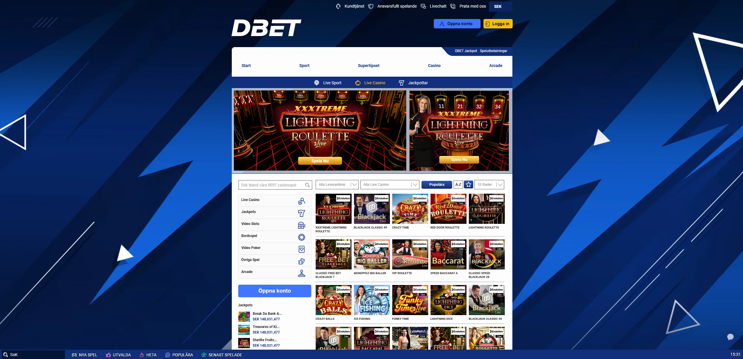 DBET Live Casino med live roulette, blackjack, baccarat och spelprogram från Evolution.