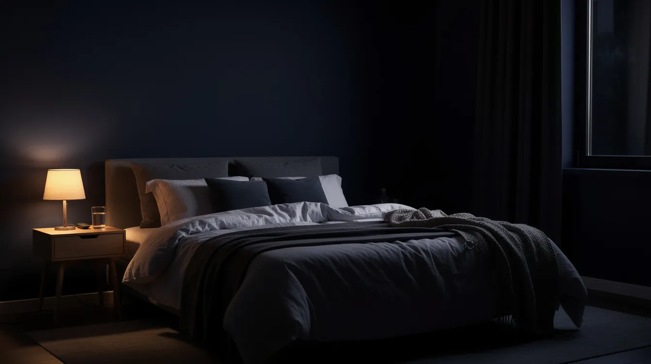The image depicts a peaceful dark bedroom featuring comfortable bedding, creating an ideal environment for a good night&rsquo;s sleep. This serene setting promotes better sleep habits and enhances sleep quality, essential for overall well-being.