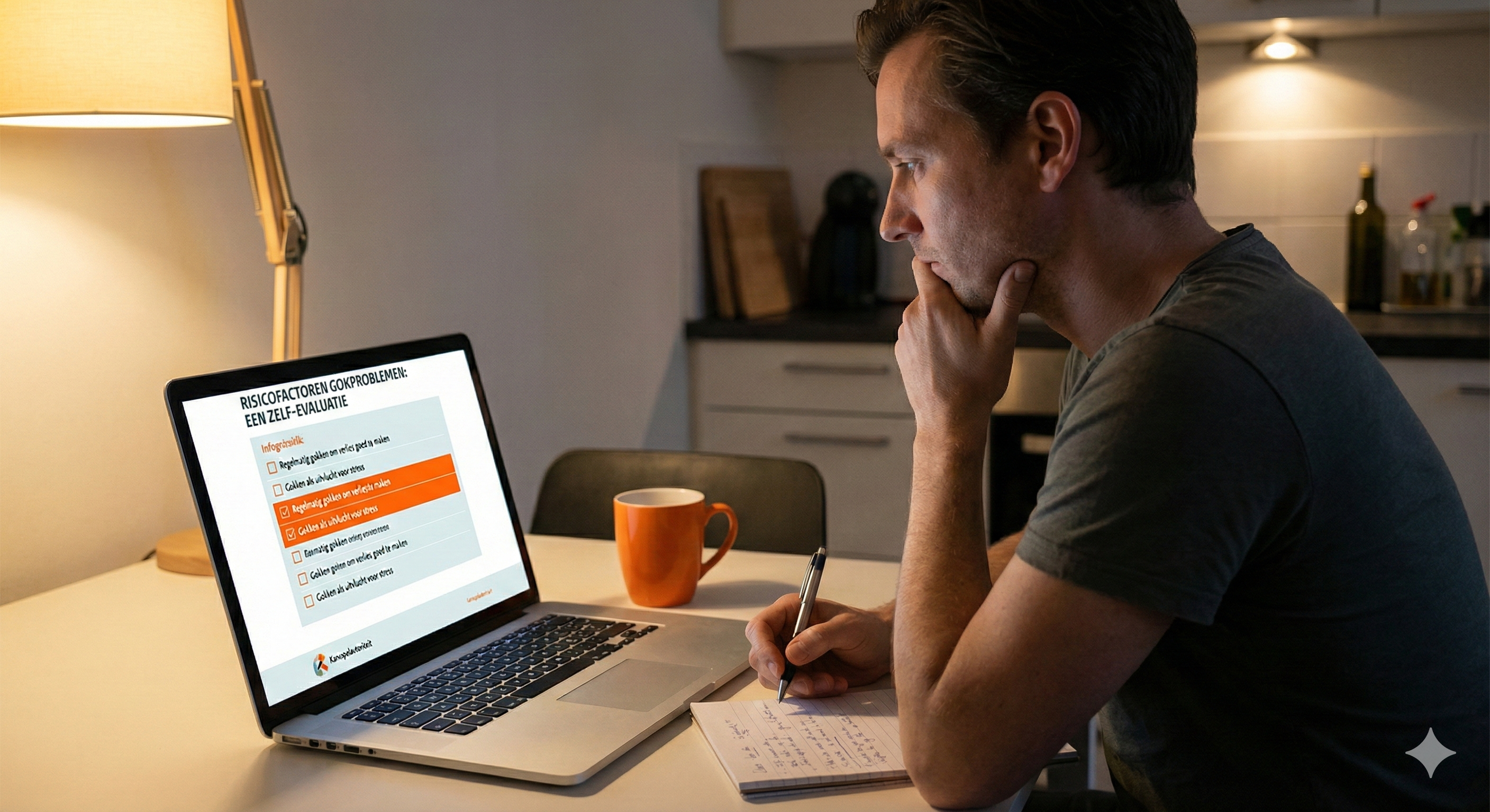 Man zit aan tafel en bekijkt op een laptop een zelfevaluatie over risicofactoren bij gokproblemen, terwijl hij aantekeningen maakt.