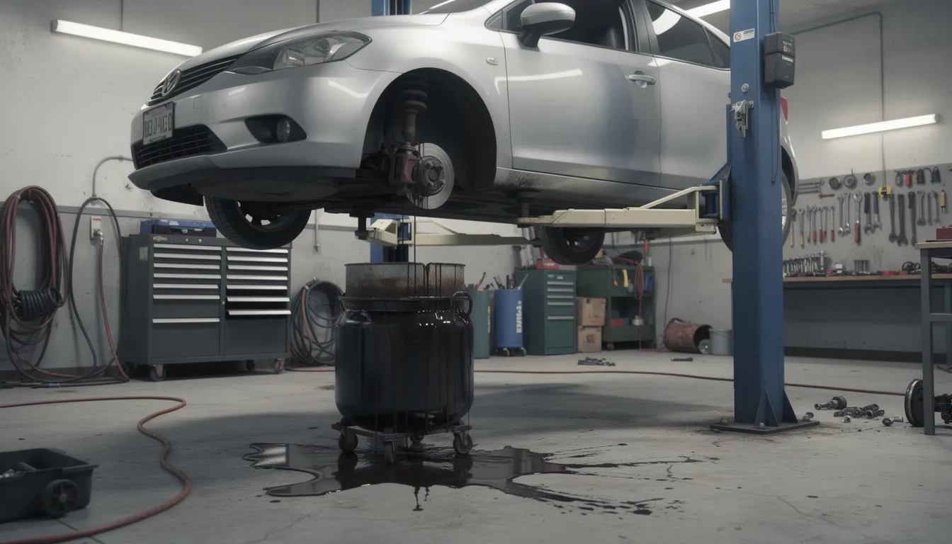 Een auto staat op een hefbrug in een garage, met een olie-expansievat eronder waar olie uitloopt. Deze situatie kan wijzen op een onderhoudsbeurt, zoals een grote beurt, waarbij de motorolie en andere vloeistoffen gecontroleerd en mogelijk vervangen moeten worden.