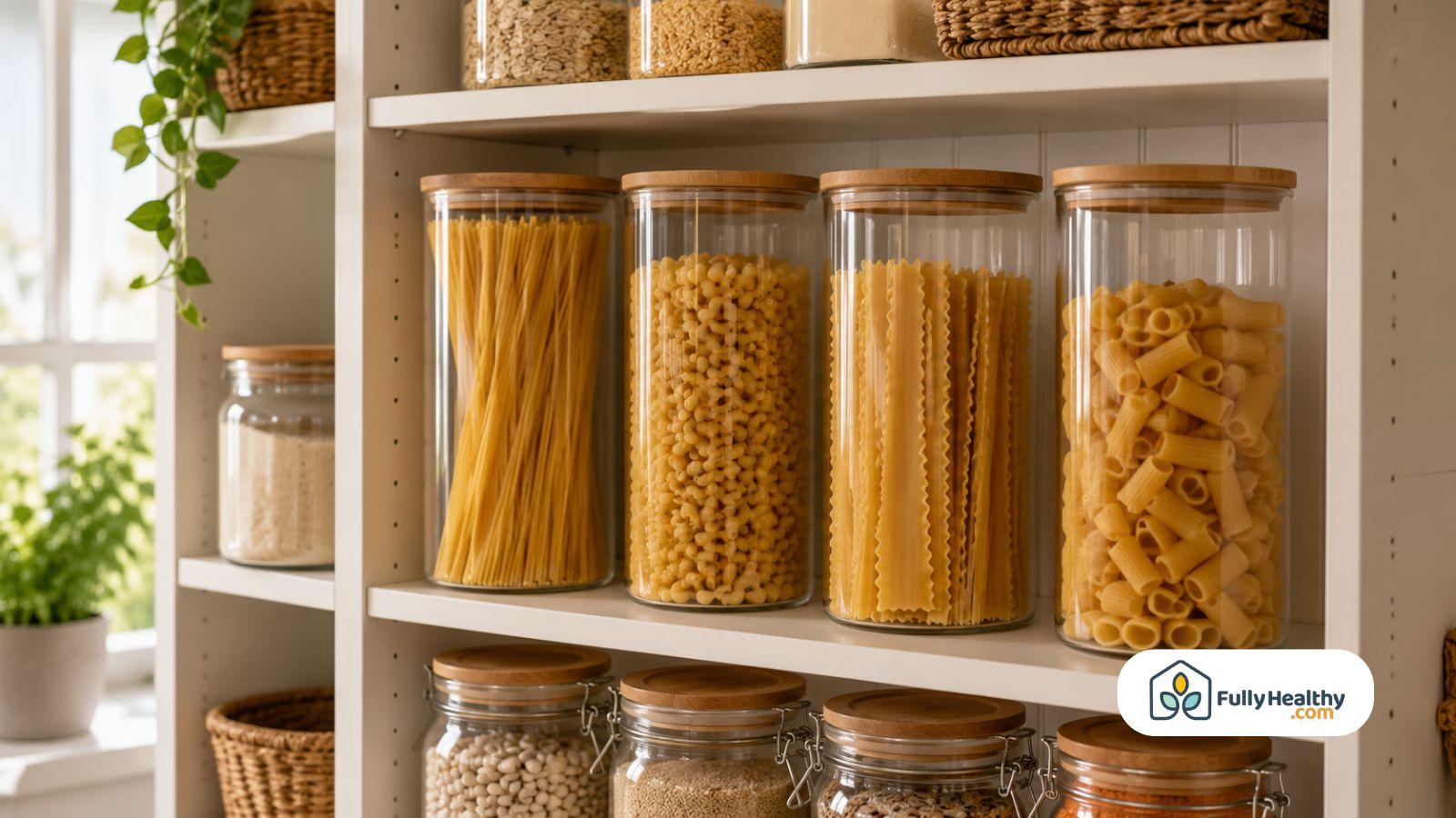 Airtight pantry containers storing different pasta shapes for longer freshness and organization