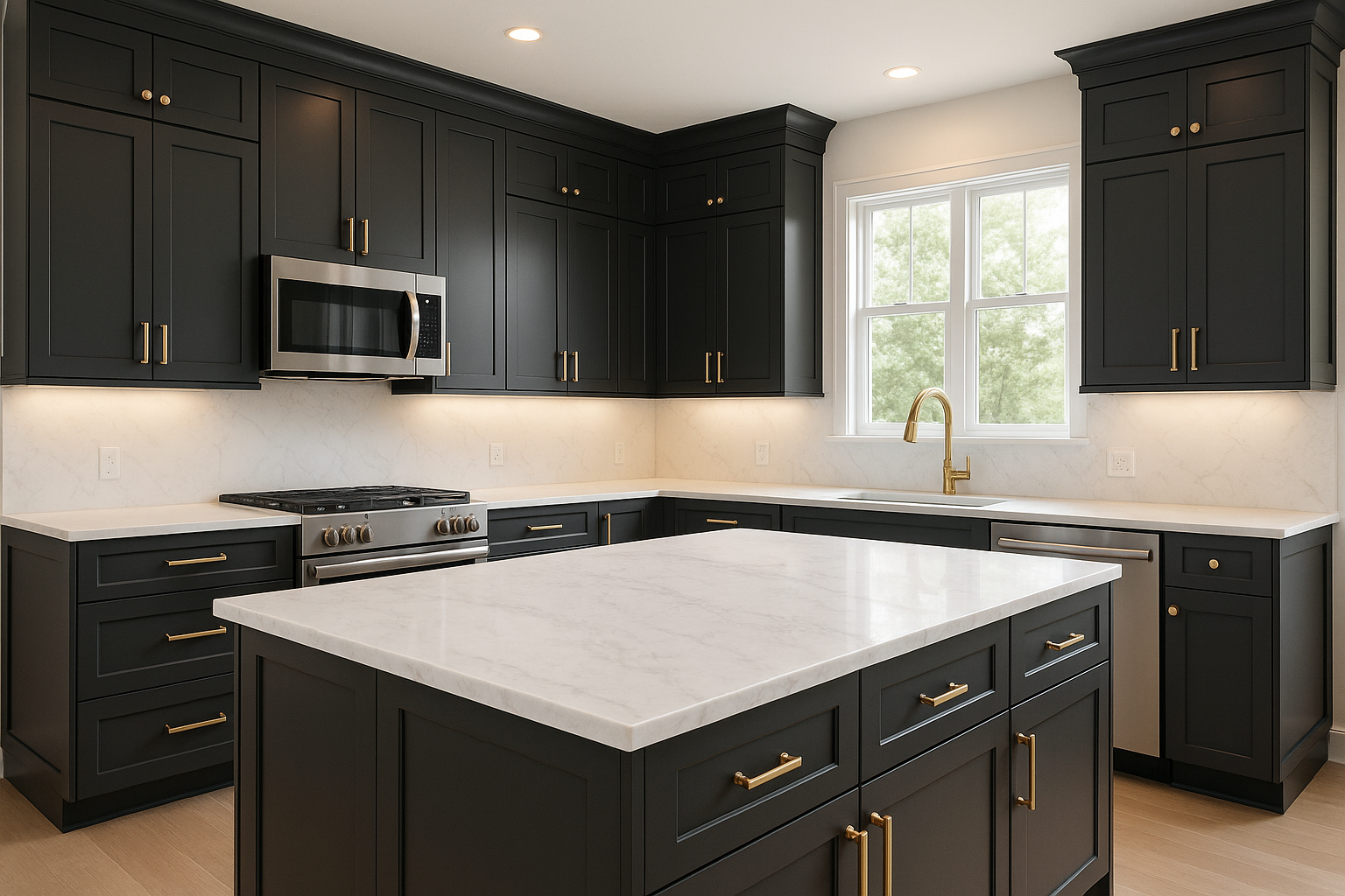 Modern kitchen featuring Sherwin Williams Iron Ore painted cabinets, contrasting with white marble countertops and elegant brass hardware, creating a sophisticated color palette. The cabinetry adds depth and warmth to the interior, making it a stylish choice for a new house.