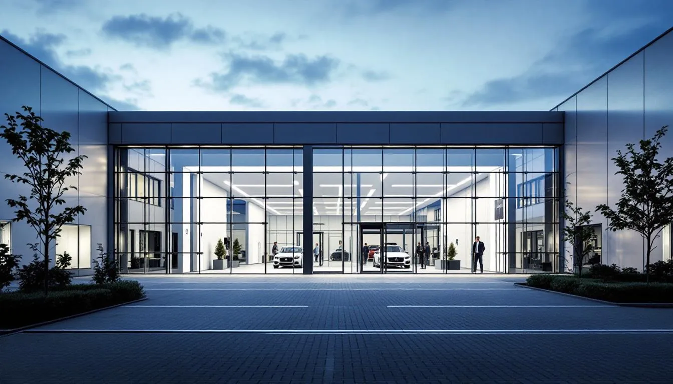 Die Eingangstür der TÜV SÜD Prüfstelle Mettmann, die für Kunden geöffnet ist.