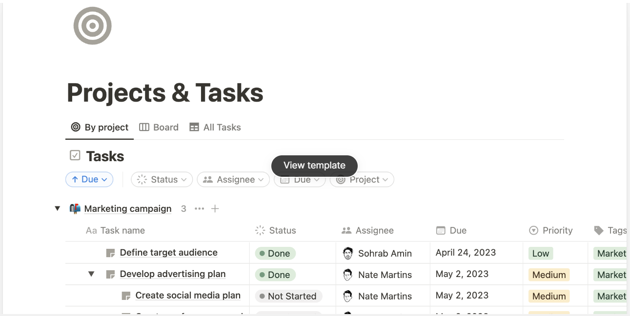 notion templates: Projects and Tasks 