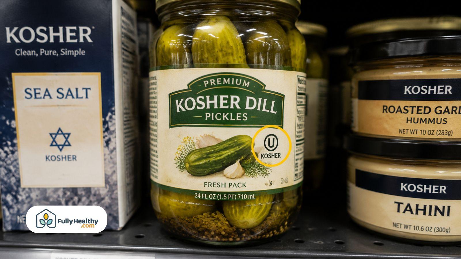 Kosher dill pickle jar with certification label on store shelf