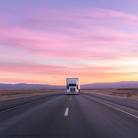 tractor trailer on highway with mountains in the background