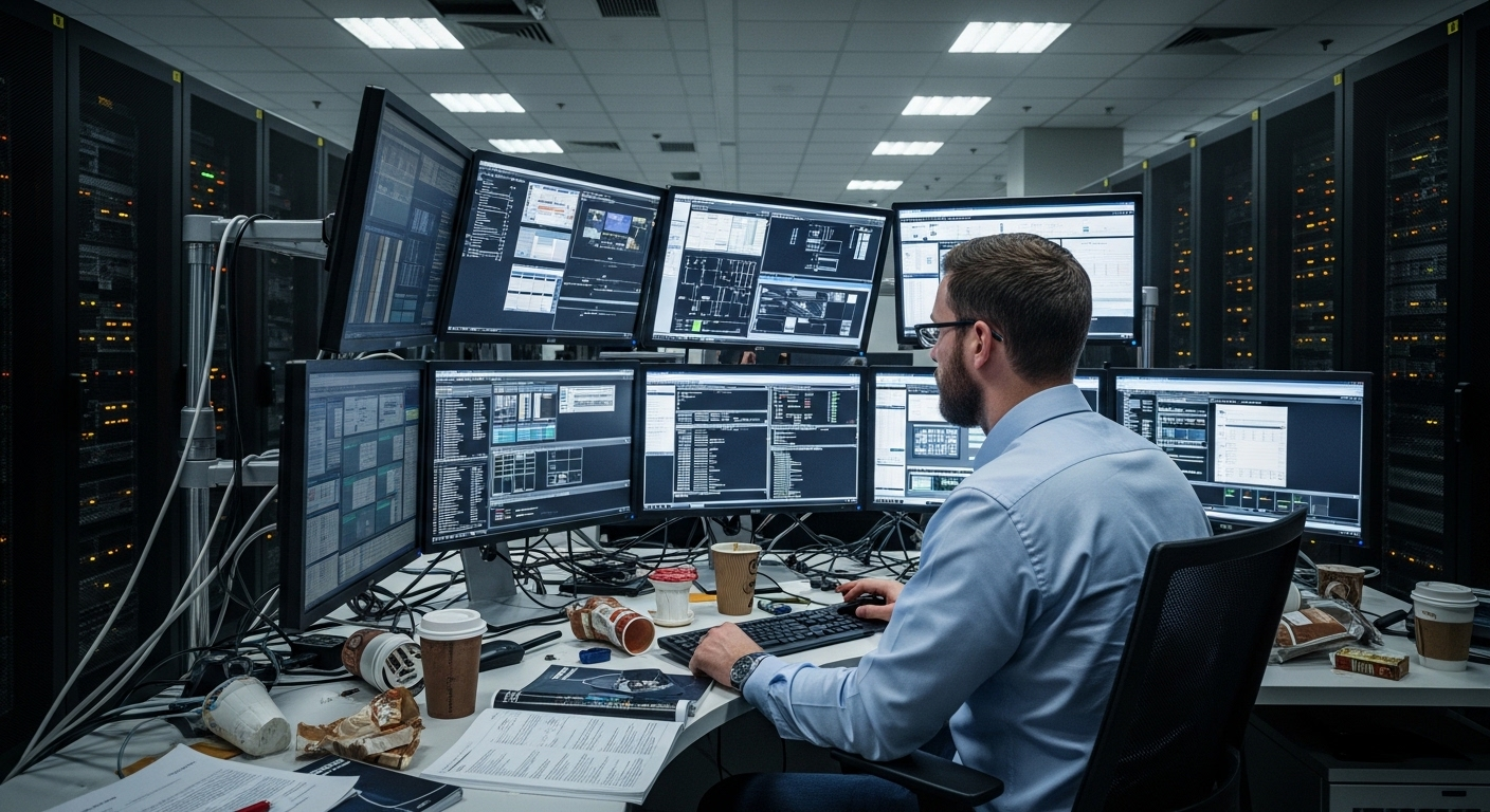 IT administrator juggling multiple screens with alerts, representing staffing shortages and workload pressure.