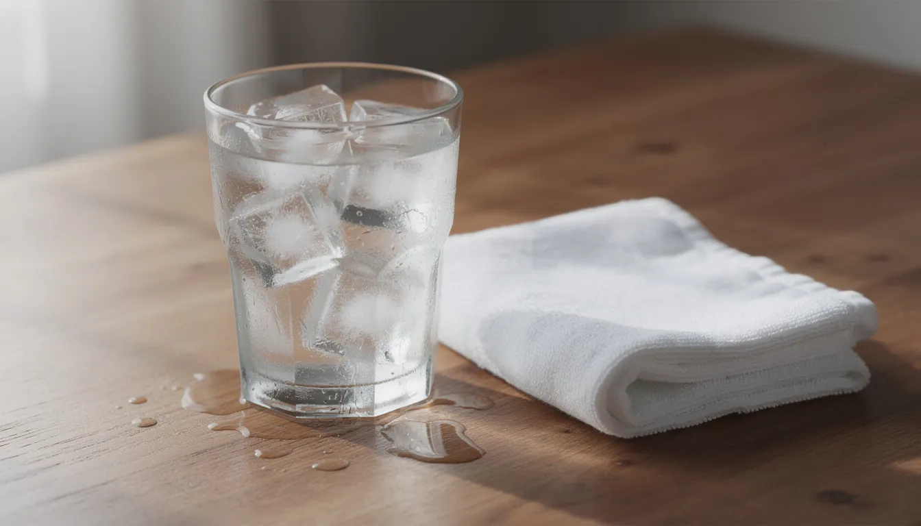 A clear glass of water filled with ice cubes sits on a wooden surface alongside a small towel, emphasizing the importance of proper hydration during wellness activities like sauna therapy. Staying hydrated is essential for maximizing the health benefits of an infrared sauna session.