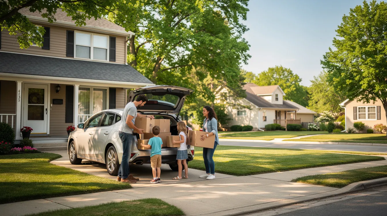 A family is seen loading boxes into a car parked in front of a house on a tree-lined street, highlighting a moment of preparation for a move or trip. The scene evokes a sense of community and the importance of reliable auto transport services for families in Indiana.