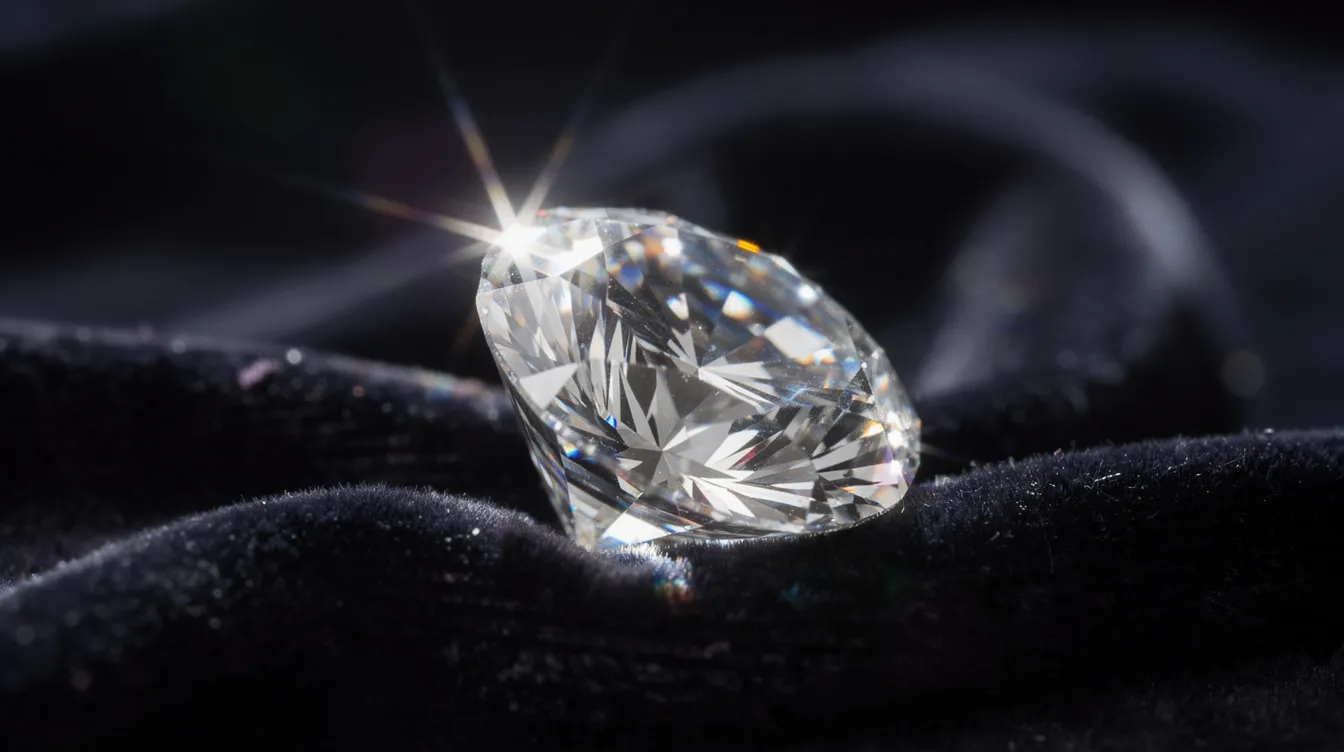 A brilliant cut diamond sparkles vividly against a dark velvet background, showcasing its exceptional brilliance and timeless beauty. This precious gem, often associated with love and commitment, stands out as one of the most sought-after gemstones in modern jewelry.