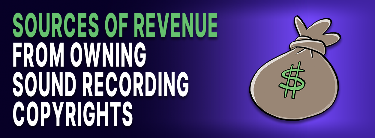 text is "Sources of Revenue from Owning Sound Recording Copyrights." Beside an image of money bag