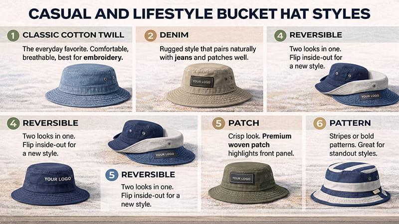 Casual and lifestyle bucket hat styles infographic with cotton twill, denim, reversible, patch, and patterned bucket hats