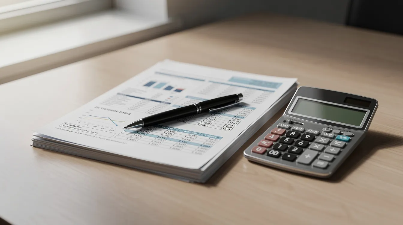 The image features a neatly arranged office desk with financial documents, a calculator, and a pen, creating a setting for managing loan amounts and repayment schedules. This workspace suggests a focus on calculating interest rates and planning monthly payments for a business loan in the hospitality sector.