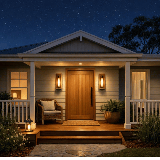 Vertical glass wall sconces mounted either side of the front door.