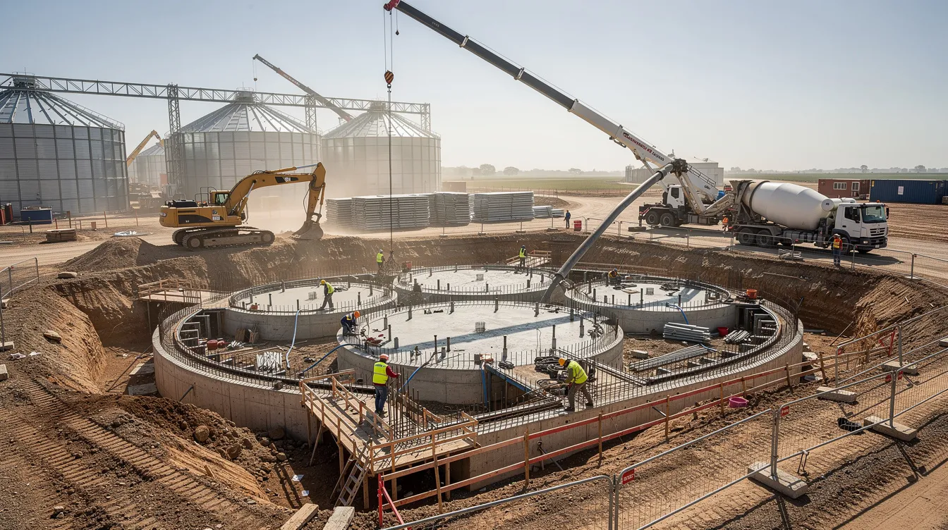 The image depicts a construction site focused on the foundation work for a large industrial grain storage facility, featuring heavy machinery such as cranes and excavators. This essential infrastructure is designed for food grain storage, showcasing the early stages of building concrete and steel silos that will ensure efficient grain quality and durability.