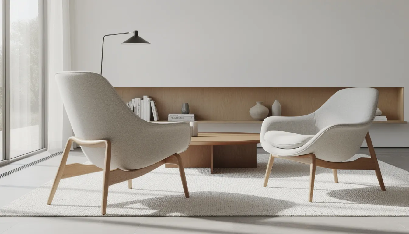 Bildbeskrivning: Ett modernt vardagsrum med ikoniska danska designstolar som har böljande, organiska former. Stolarna inkluderar verk av kända formgivare som Arne Jacobsen och Hans J. Wegner, vilket skapar en stilren och elegant atmosfär.
