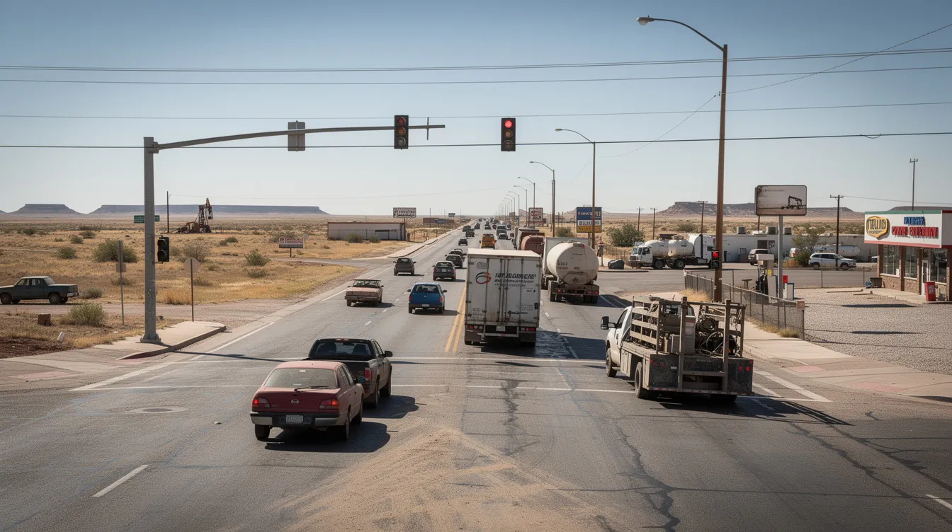 The image depicts a busy intersection in West Texas, filled with various commercial delivery vehicles, including semi-trucks, navigating through heavy truck traffic typical of the oil and gas industry. The scene captures the hustle of truck drivers and the potential for serious truck accidents, highlighting the importance of having a knowledgeable Midland truck accident lawyer for those affected by such incidents.
