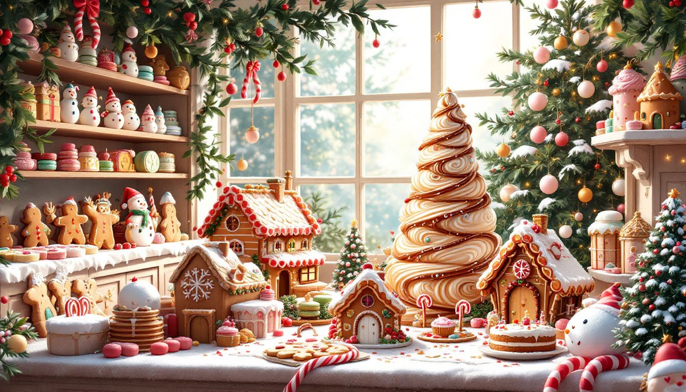 Unique Christmas pastries displayed with festive decorations.