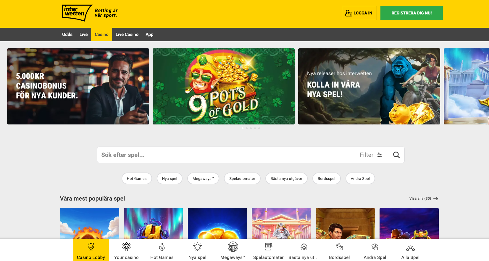 Casino lobbyn erbjuder flera olika sökalternativ och kategorier av slots