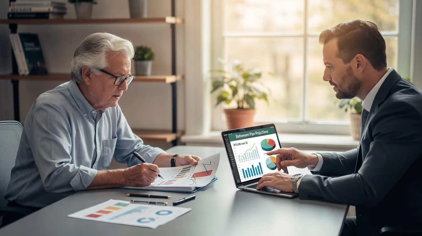 An older professional is seated at a table, attentively reviewing retirement plan projections with a financial advisor. They are discussing various retirement savings options, including solo 401k and SEP IRA plans, to optimize tax benefits and contribution limits for self-employed individuals and business owners.
