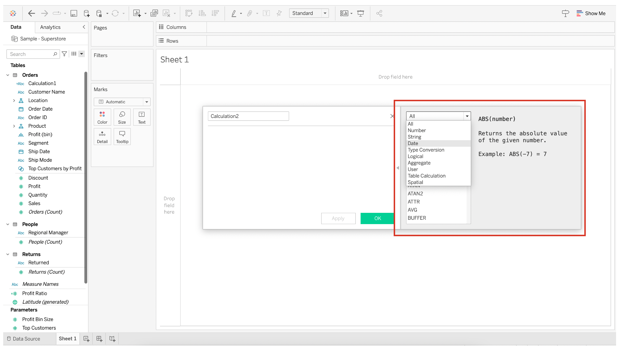 Right side of the formula box consist of list of predefined functions and operations