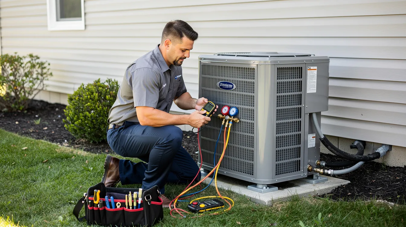 An HVAC technician in uniform is performing maintenance on a residential outdoor air conditioning unit, ensuring the system's efficiency and optimal cooling performance. The technician is checking components such as the condenser coil and refrigerant to enhance energy efficiency and indoor air quality.