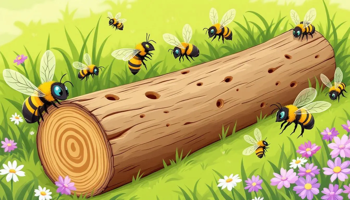 An illustration showing various types of carpenter bees hovering around wood.