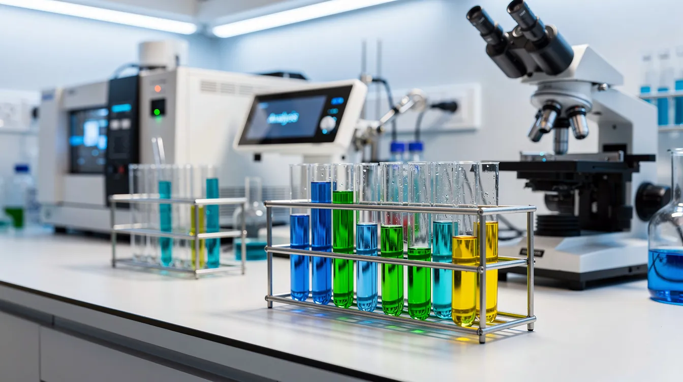 The image depicts a scientific laboratory filled with various test tubes and analytical instruments, showcasing a professional environment where research on substances like psilocybin and other compounds may take place. This setting emphasizes the importance of safety and understanding in the study of dietary supplements, including magic mushroom gummies and their potential effects on mood enhancement.