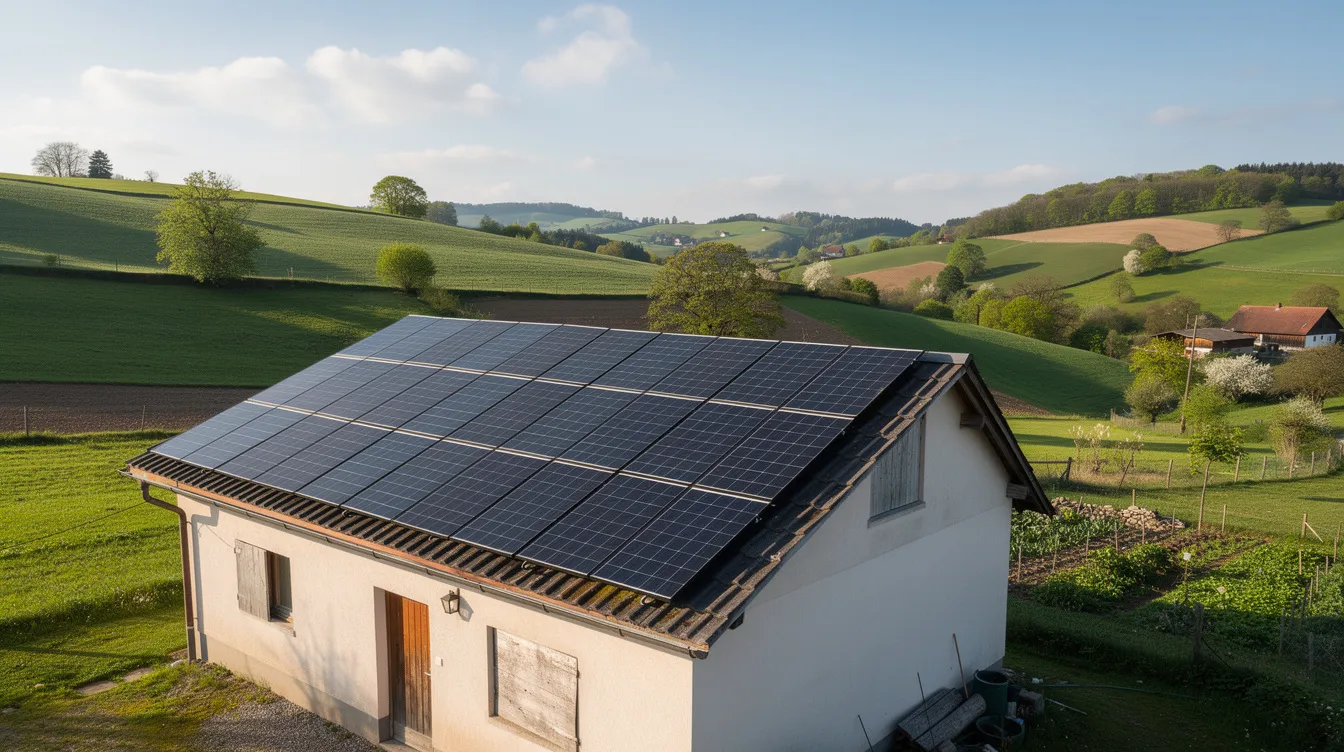 6642d174 a4c4 4de4 ae2e 3670b14805bf The image depicts solar panels installed on the rooftop of a rural building, set against a backdrop of lush green hills. This scene highlights the potential for sustainable energy solutions in rural areas, which could support successful business ideas and projects in sectors like agriculture and food processing, benefiting budding entrepreneurs in regions like Manipur.