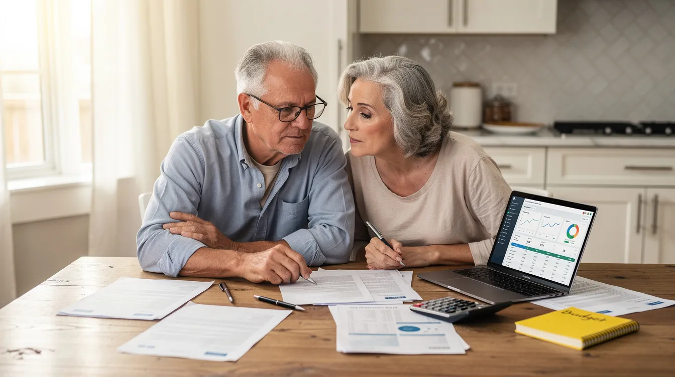 The image depicts a retired couple sitting at a kitchen table, closely reviewing financial paperwork related to their retirement income strategy, including Medicare premiums and the potential impact of their modified adjusted gross income on costs. They appear engaged and focused, discussing their plan to manage expenses such as Part B premiums and prescription drug coverage.