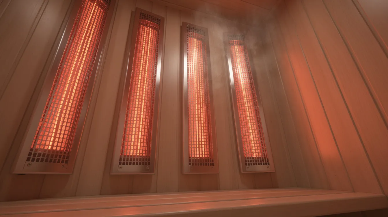 The image features a set of infrared emitters designed for a portable sauna, showcasing their sleek metal frames and advanced technology for effective heat therapy. These emitters are ideal for enhancing the sauna experience, promoting relaxation and cardiovascular health during sauna sessions.