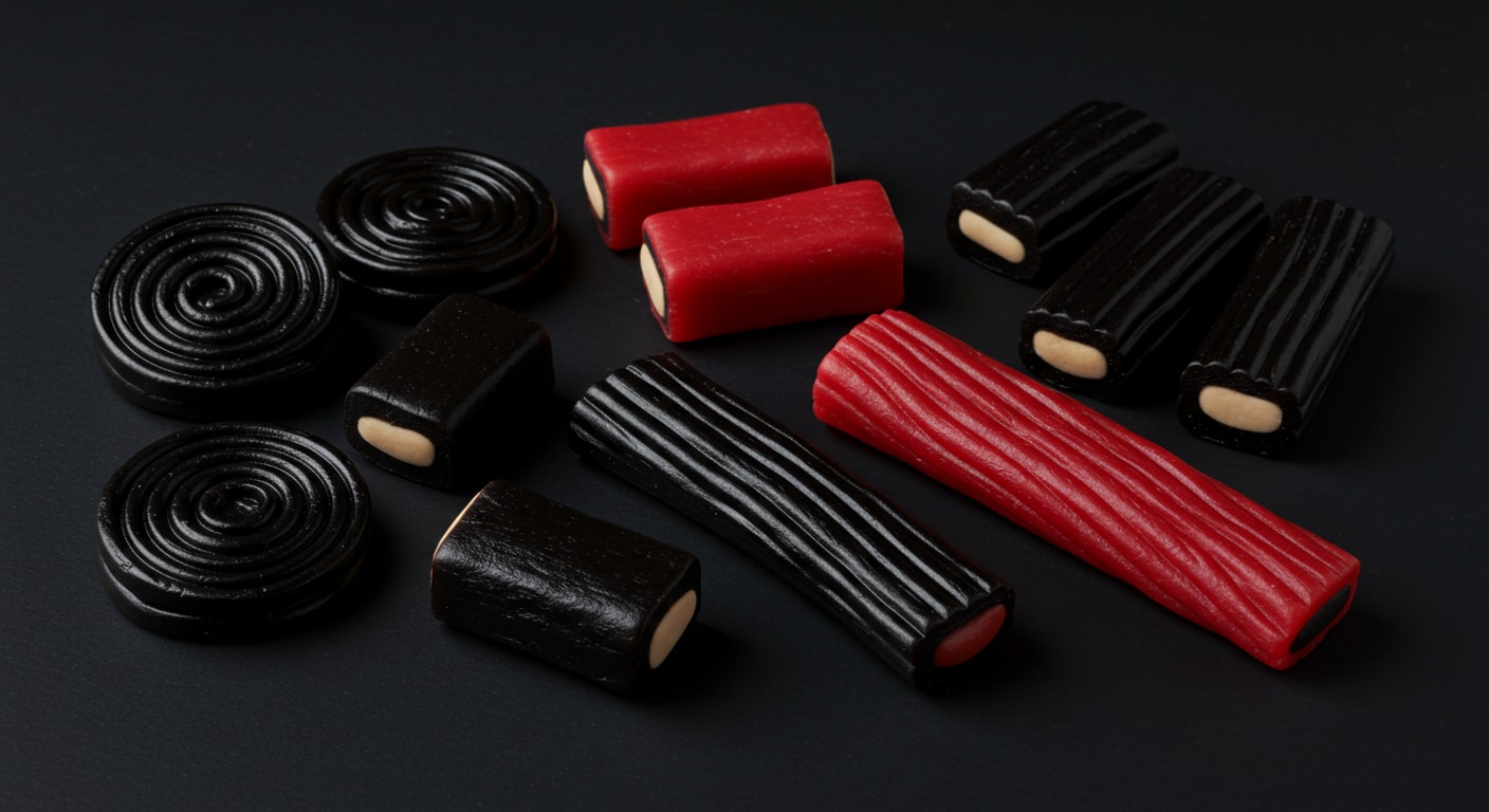 A selection of traditional Swedish licorice pieces against a dark background