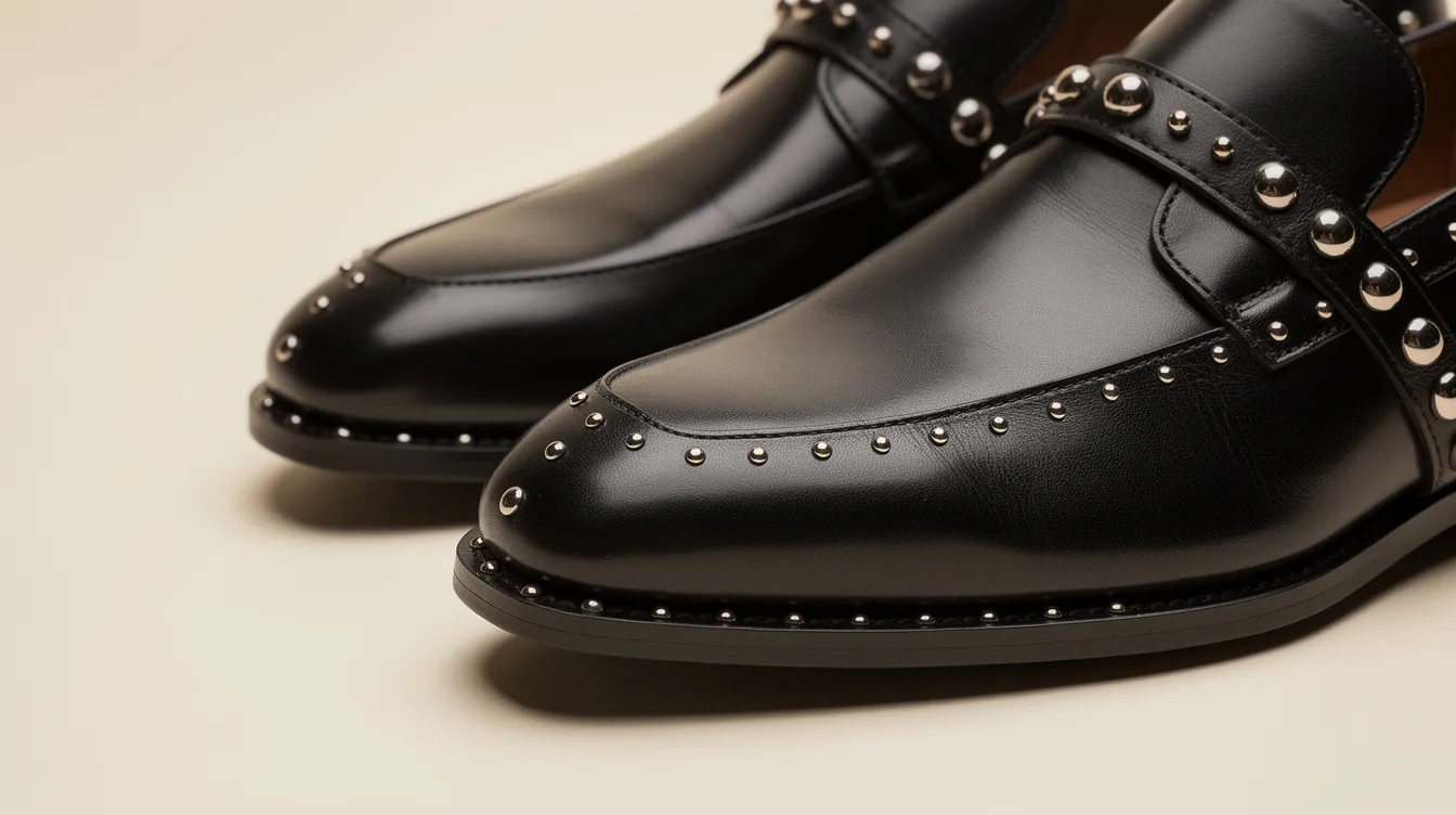 Nahaufnahme von eleganten italienischen Lederschuhen, die mit metallischen Nieten verziert sind, auf einem hellen Hintergrund. Diese Valentino Garavani Low Top Sneaker kombinieren stilvolles Design mit hochwertigen Materialien und sind sowohl für Damen als auch Herren geeignet.