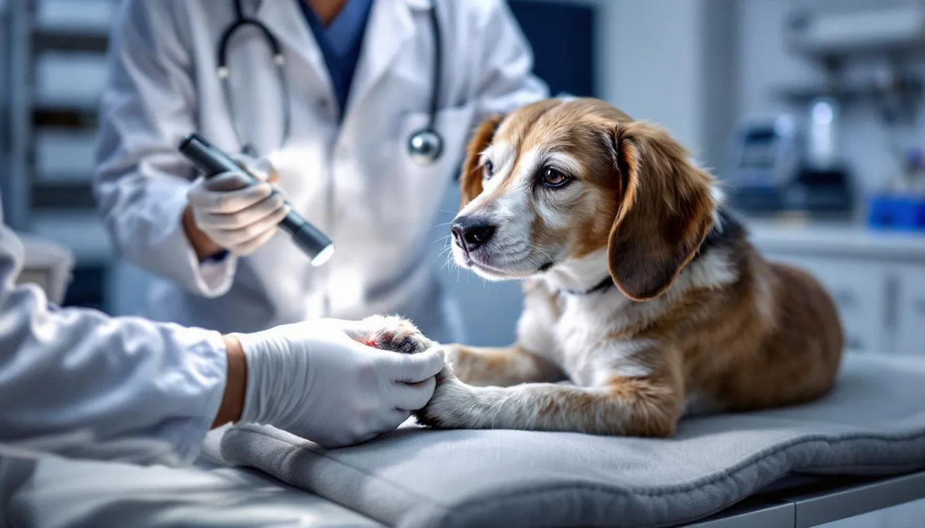 A veterinarian is examining a dog