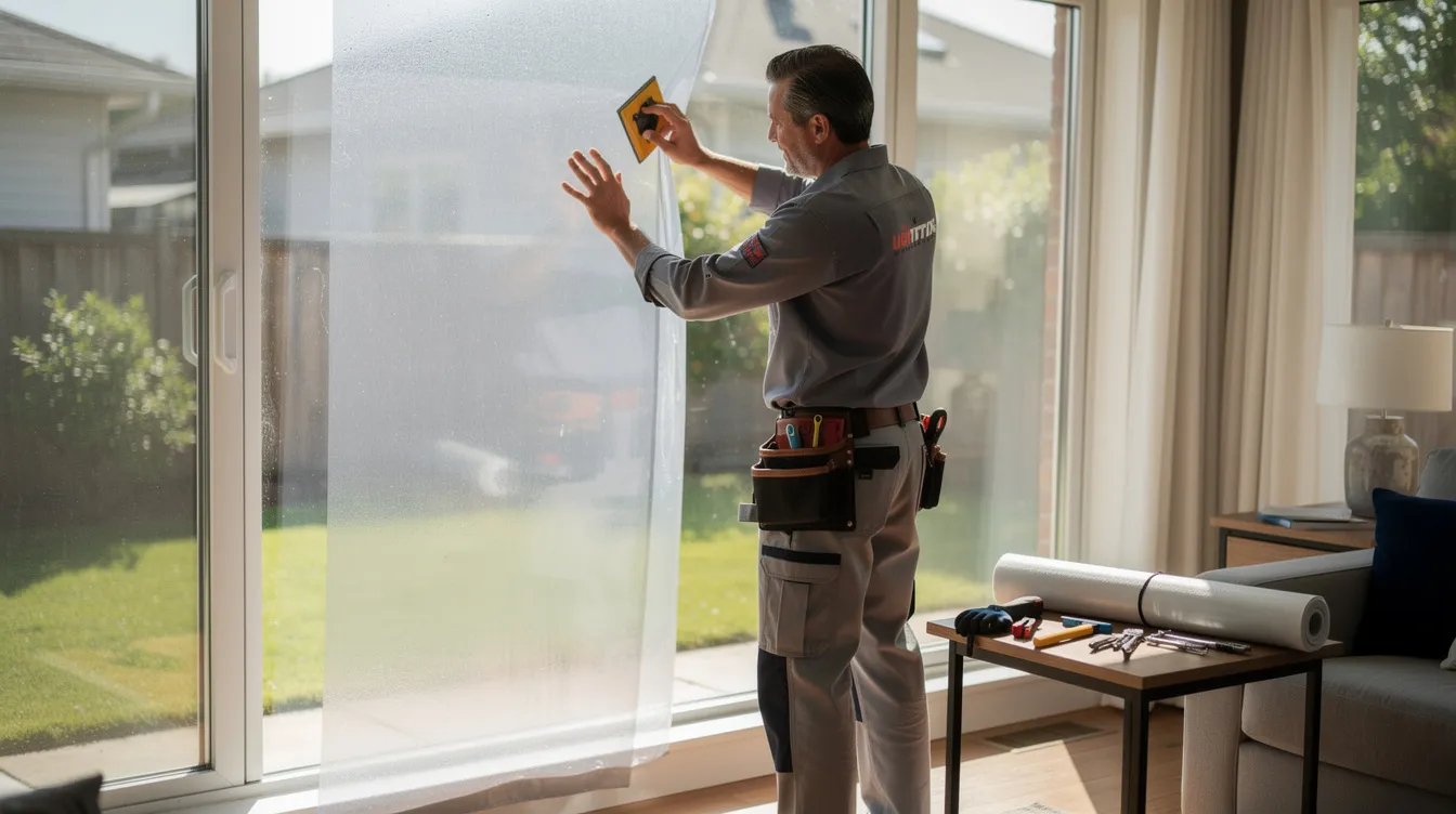 A professional technician is meticulously applying tinted window film to a large residential window, with bright sunlight streaming in, enhancing energy efficiency and indoor air quality. This service not only improves comfort within the home but also represents a valuable opportunity for franchise owners in the energy-saving home services sector.