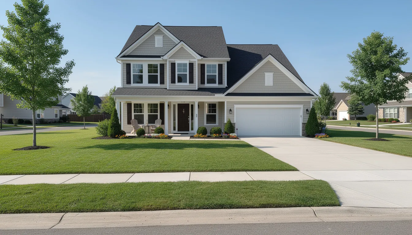 The image depicts a suburban single-family home with a neatly manicured lawn, situated in a peaceful residential neighborhood. This inviting property highlights the importance of maintaining a clean environment, which can help prevent mold growth and ensure good indoor air quality for homeowners.