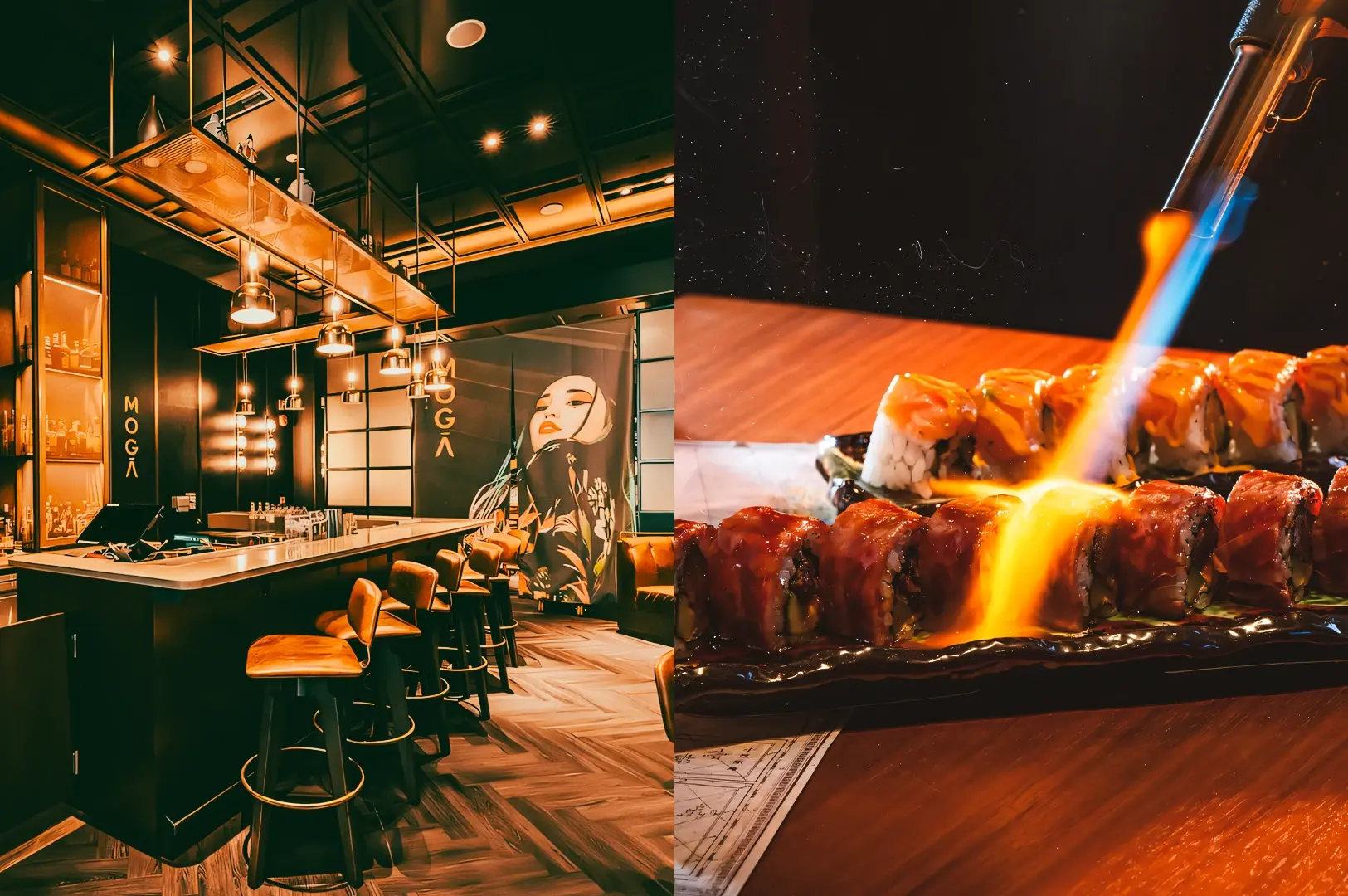 Left: Wide‑angle, eye‑level shot of a contemporary izakaya bar with high stools, a central island counter, hanging metal light fixtures, and a stylized wall mural of a face, combining modern design with warm wood flooring. Right: Close‑up, three‑quarter angle of sushi rolls arranged on a black rectangular plate while a blue flame from a blowtorch caramelizes the topping, capturing motion, heat, and glossy sauce textures.