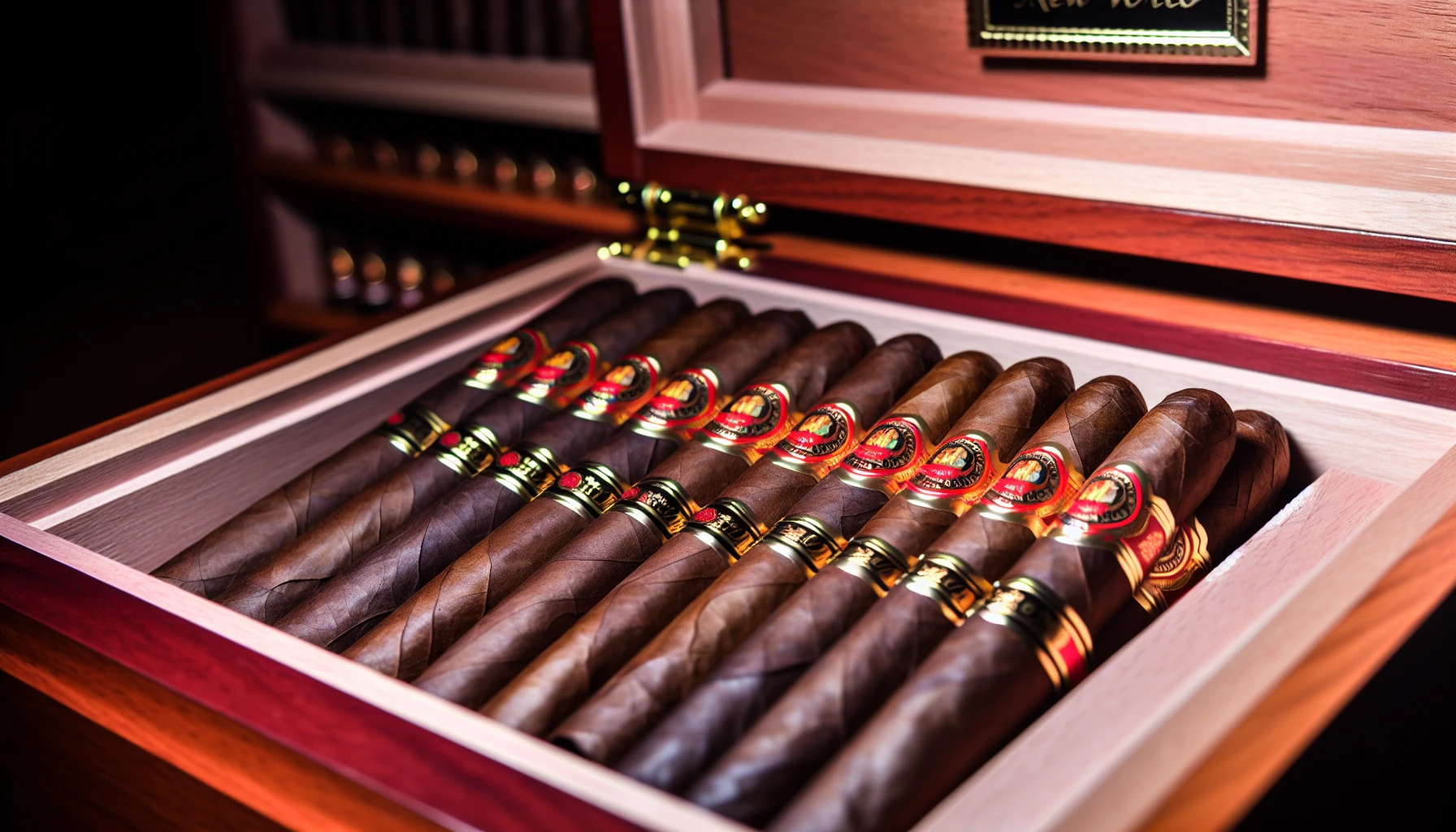 Elegant arrangement of New World Cameroon Churchill cigars in a humidor