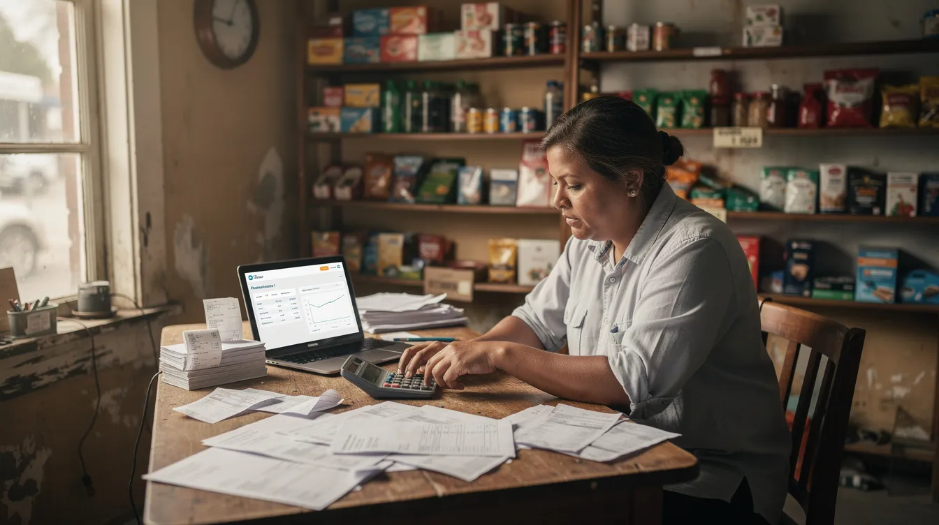 6654e724 026e 4a76 8ff6 cdcfa0291b18 A small business owner is seated at a desk in a modest shop, surrounded by paper invoices, a calculator, and a laptop, where they are likely preparing financial documents such as a detailed financial report or a CMA report to assess their business's financial position and loan application needs. The scene emphasizes the owner's focus on managing cash flow and working capital requirements to ensure business growth and stability.
